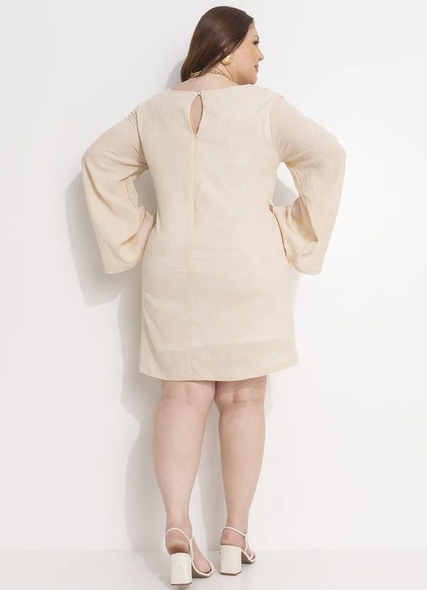 Quintess - Vestido Curto Bege em Gaze de Algodão com Manga Ampla e Decote Quadrado 16