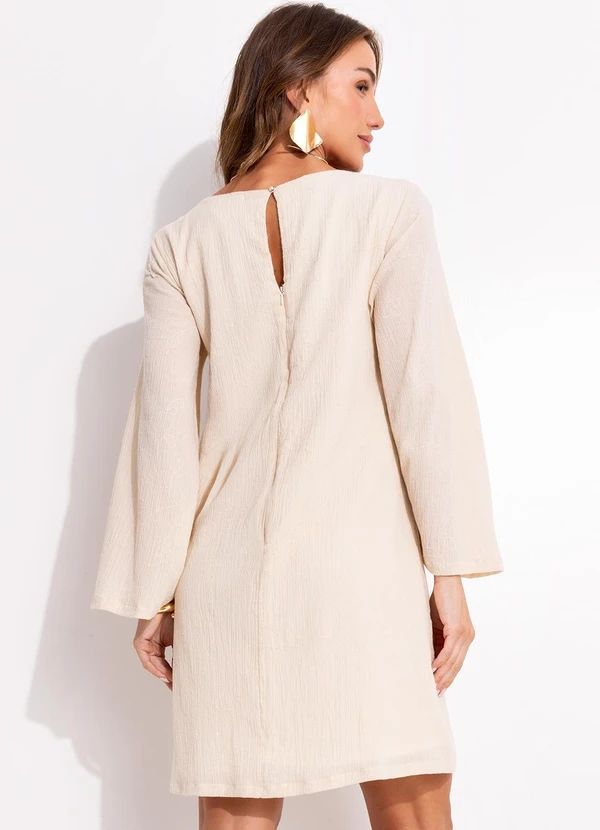 Quintess - Vestido Curto Bege em Gaze de Algodão com Manga Ampla e Decote Quadrado 2