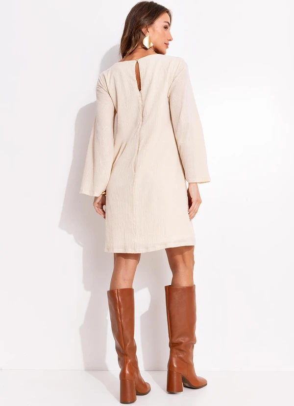 Quintess - Vestido Curto Bege em Gaze de Algodão com Manga Ampla e Decote Quadrado 5