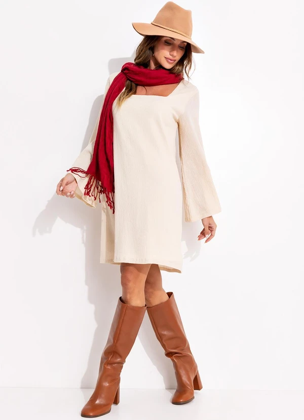 Quintess - Vestido Curto Bege em Gaze de Algodão com Manga Ampla e Decote Quadrado 9