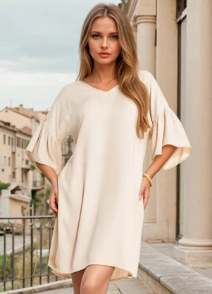 Quintess - Vestido Bege em Viscose Plana Sarjada - QUINTESS
