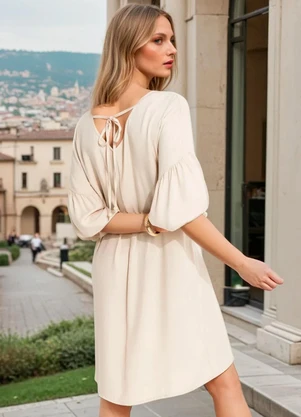 Quintess - Vestido Bege em Viscose Plana Sarjada - QUINTESS
