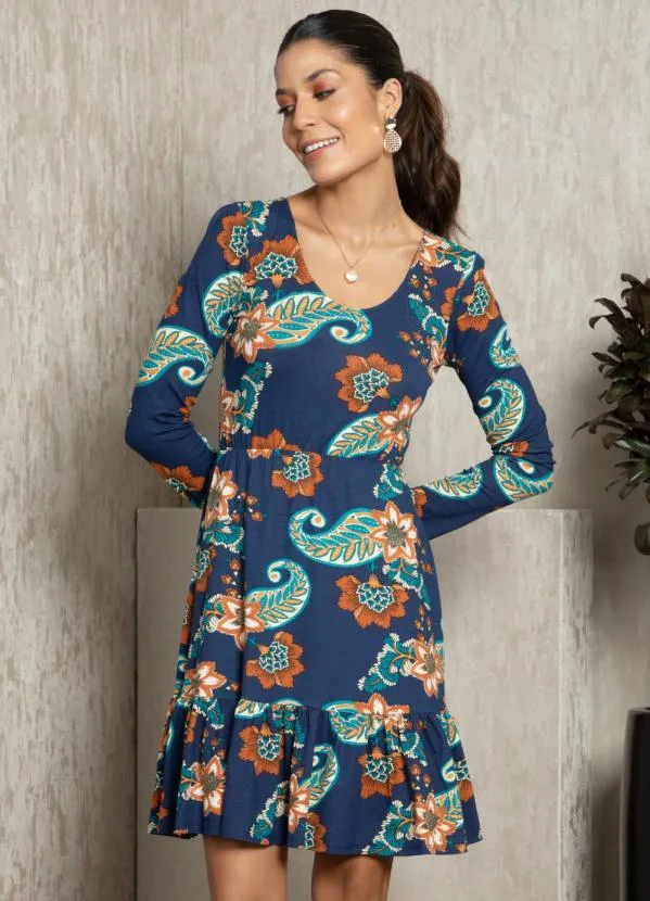Quintess - Vestido Boho Marinho Mangas Longas