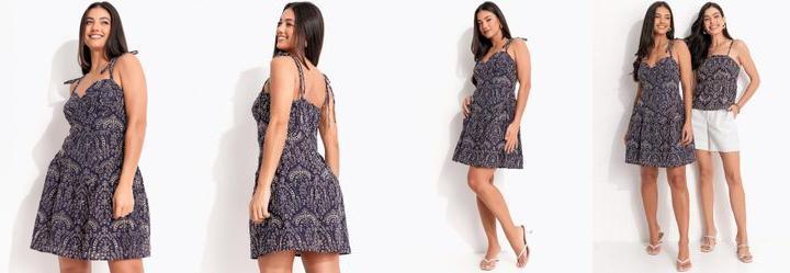 Vestido Bordado Marinho Em Algodo com Polister