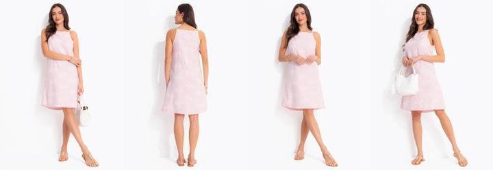 Vestido Bordado Rosa Claro em Aspecto Linho