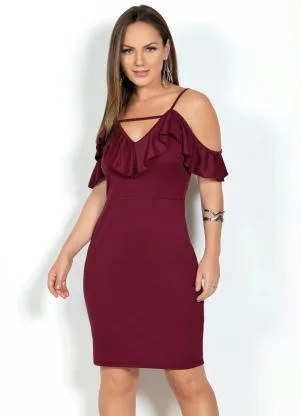 Vestido Bordô de Alça e Manga em Babado Moda Pop