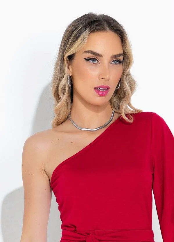 Moda Pop - Vestido Bordô de um Ombro Só com Faixa 3