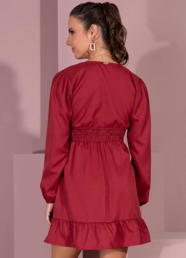 Queima Estoque - Vestido Bordô Mangas Longas com Babado na Barra 2
