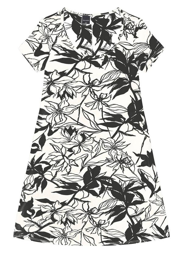 Malwee - Vestido Branco Evasê Curto Folhagens