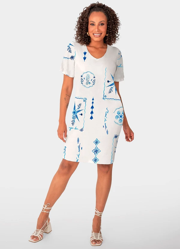 Malwee - Vestido Branco Reto Sereias Canelado