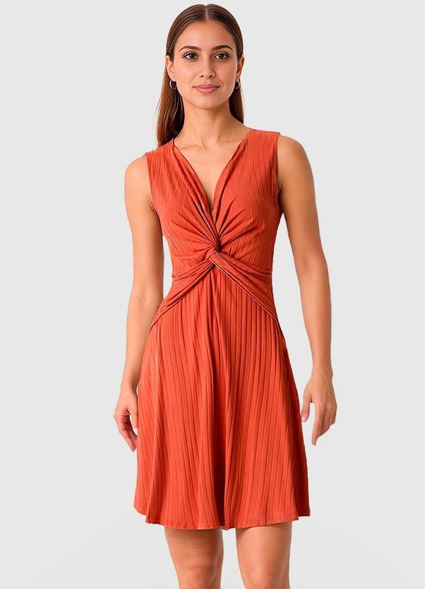 Malwee - Vestido Canelado com Torção Laranja Escuro
