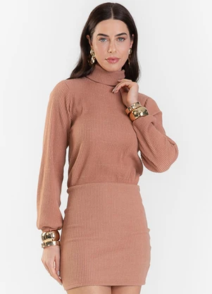 Rovitex - Vestido Canelado Manga Longa com Gola Nolita Rosa - ROVITEX