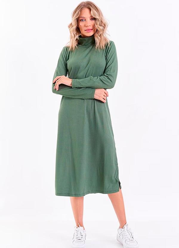 Amo Brand - Vestido Canelado Midi Manga Longa Verde Militar