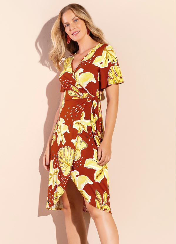 Marialícia - Vestido Casual Elegante Transpassado Laranja 1