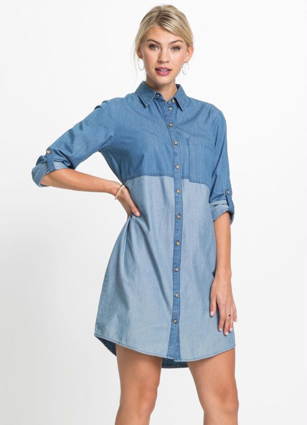 bonprix - Vestido Chemise Jeans Bicolor Azul Médio