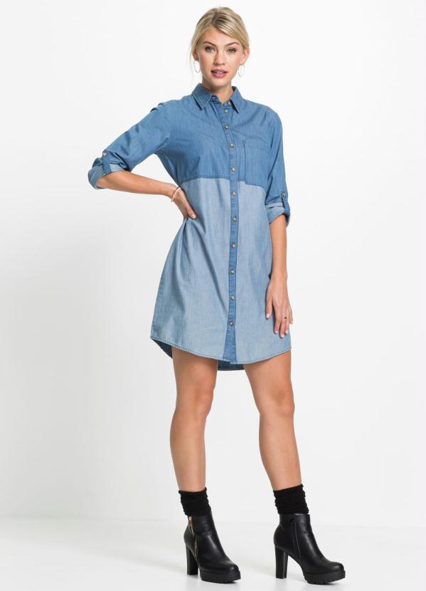 bonprix - Vestido Chemise Jeans Bicolor Azul Médio 4
