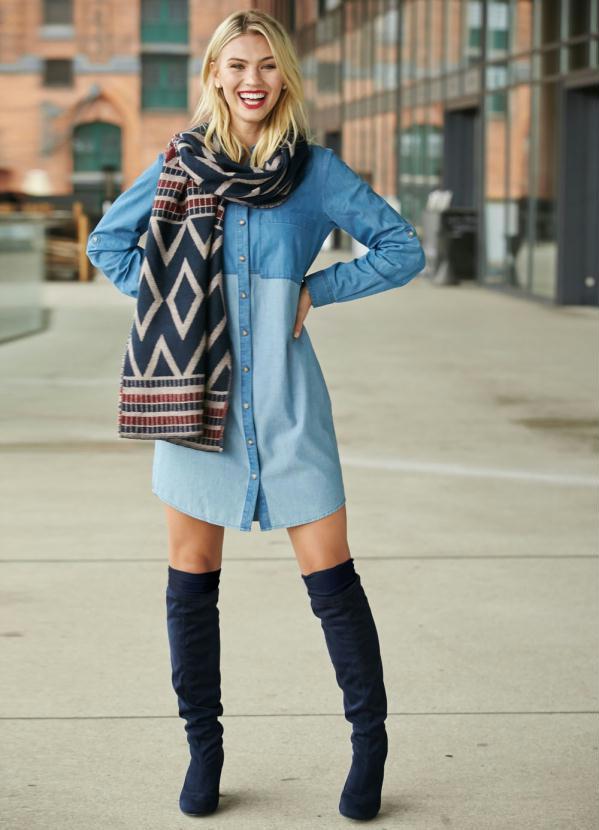 bonprix - Vestido Chemise Jeans Bicolor Azul Médio 7