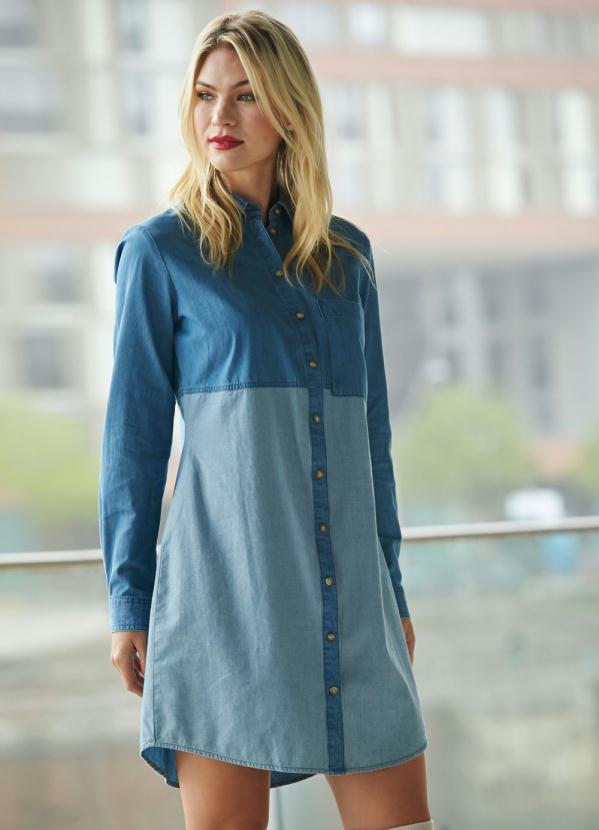 bonprix - Vestido Chemise Jeans Bicolor Azul Médio 8