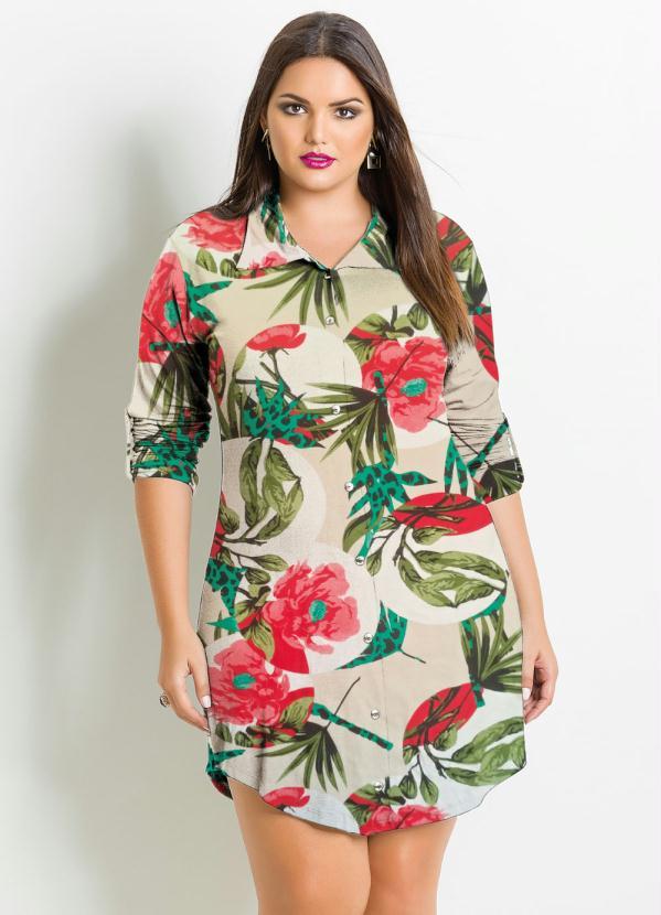 Quintess - Vestido Chemisier Curto Folhagens