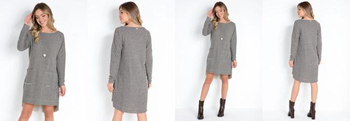 Vestido Cinza com Bolsos Frontais