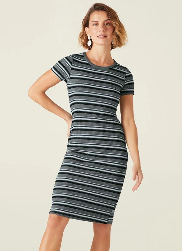 Malwee - Vestido Cinza Listrado Canelado