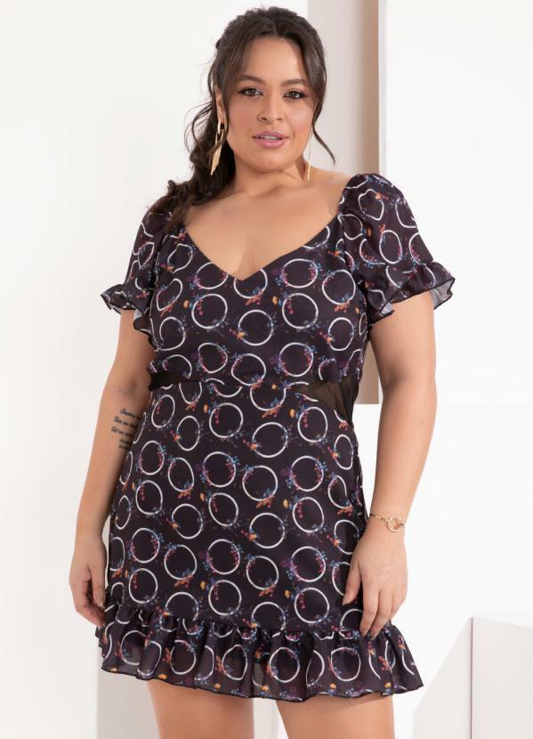 Outlet - Vestido Círculos Florais com Recortes em Tule