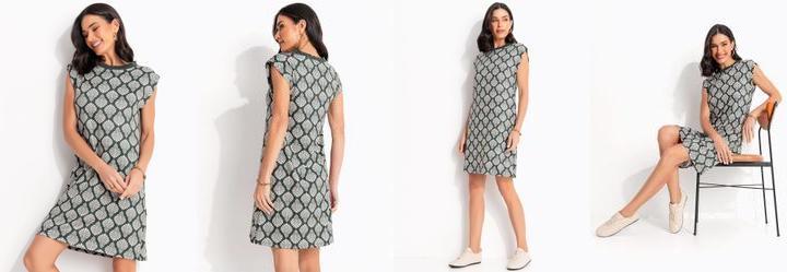 Vestido C�rculos Preto e Bege em Malha Fria
