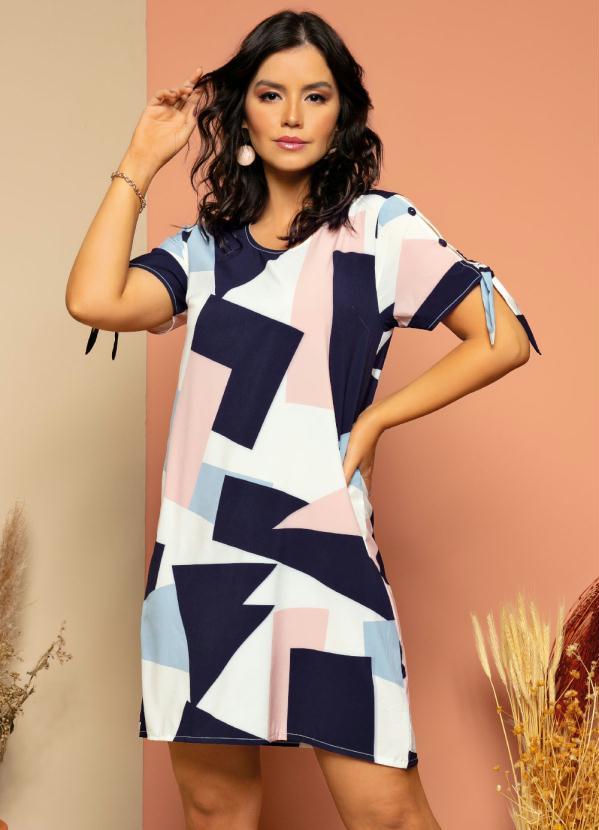 Quintess - Vestido Clássico Geométrico com Botões Forrados 2