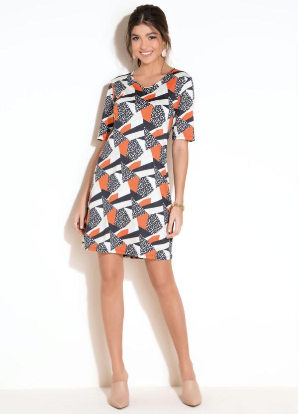 Quintess - Vestido Clássico Geométrico Laranja Manga Curta 3