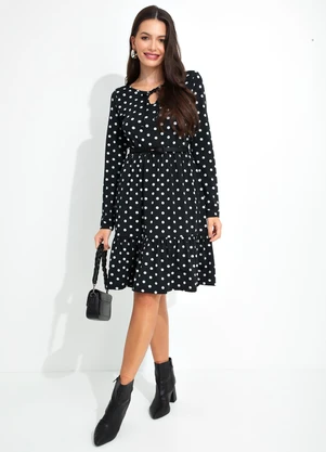 bonprix - Vestido com Amarração Manga Longa Poá Preto - BONPRIX