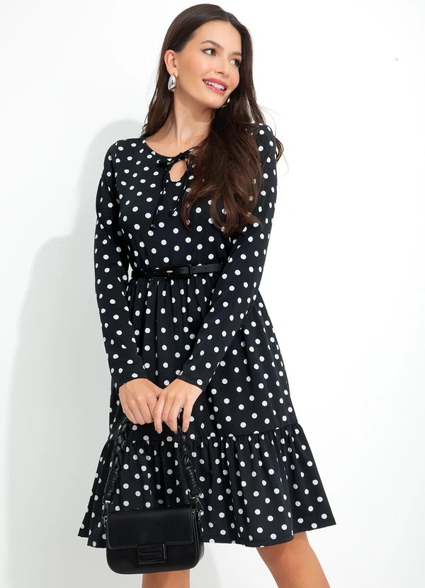 bonprix Vestido com Amarração Manga Longa Poá Preto