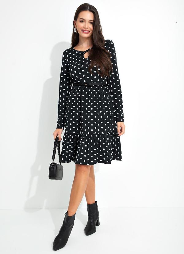 bonprix - Vestido com Amarração Manga Longa Poá Preto 2