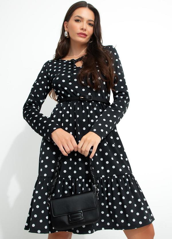 bonprix - Vestido com Amarração Manga Longa Poá Preto 3