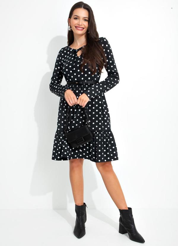 bonprix - Vestido com Amarração Manga Longa Poá Preto 5