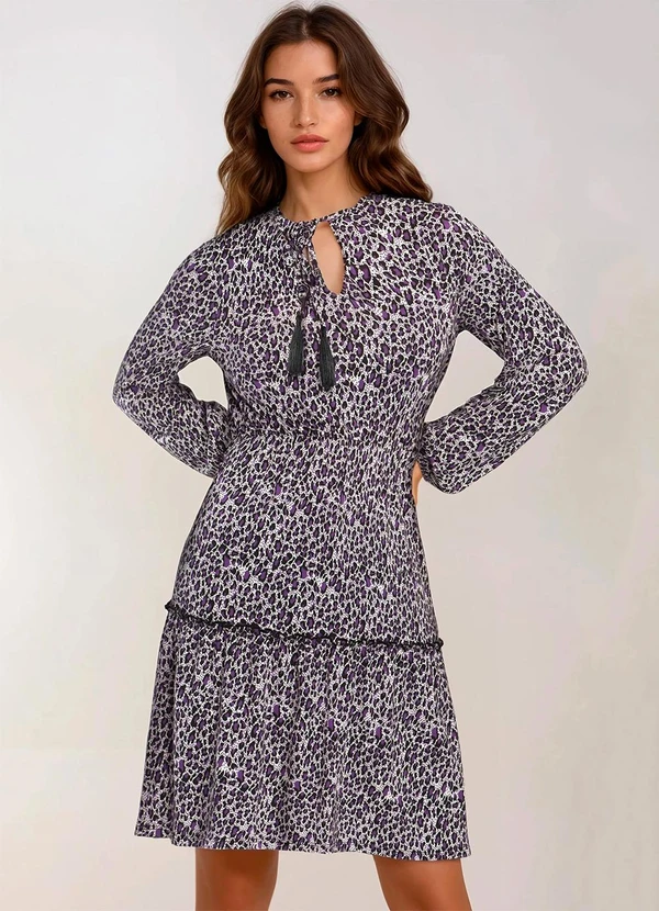 bonprix - Vestido com Amarração Onça Roxa