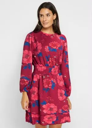bonprix - Vestido com Babado e Mangas Bufantes Floral Rosa - BONPRIX