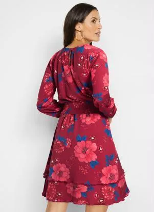 bonprix - Vestido com Babado e Mangas Bufantes Floral Rosa - BONPRIX
