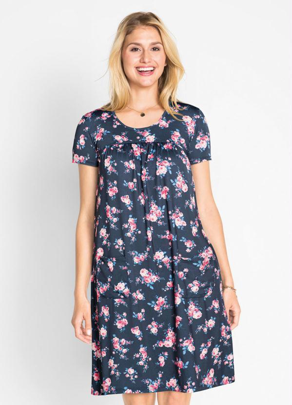 Queima Estoque - Vestido com Bolsos e Franzido Floral Azul 3