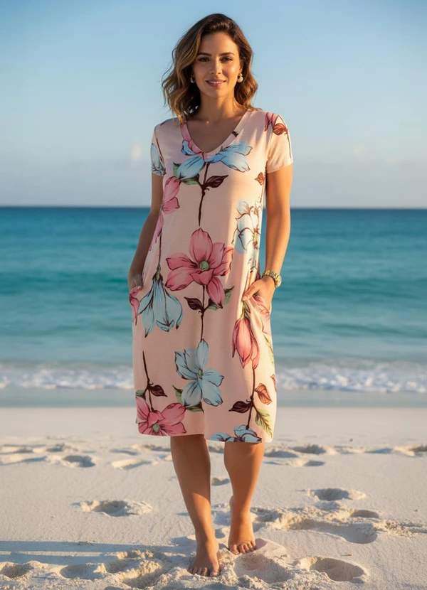 Quintess - Vestido com Bolsos Floral Rosa com Mangas Curtas