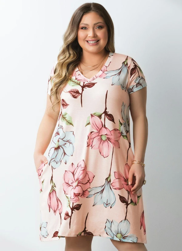 Quintess - Vestido com Bolsos Floral Rosa com Mangas Curtas 5