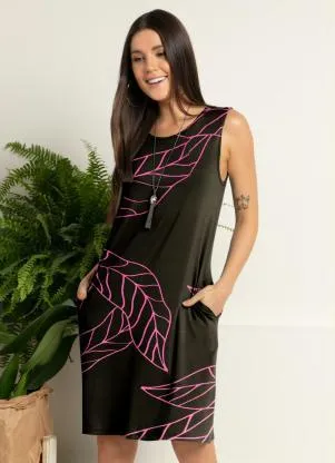 Quintess - Vestido com Bolsos Folhagem Rosa - QUINTESS
