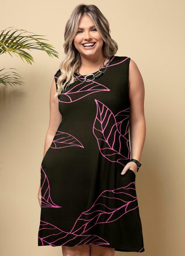 Quintess - Vestido com Bolsos Folhagem Rosa