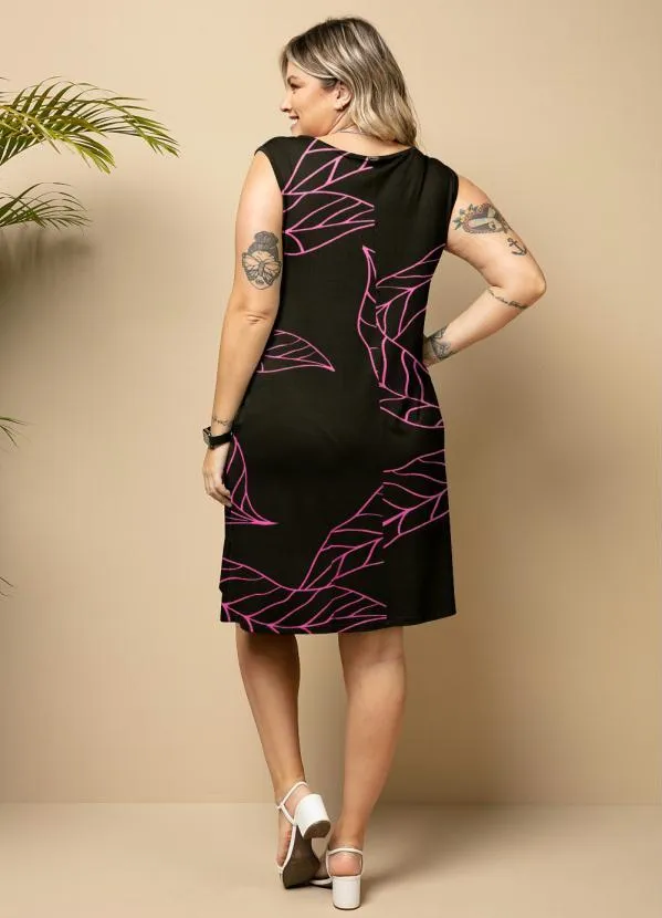 Quintess - Vestido com Bolsos Folhagem Rosa