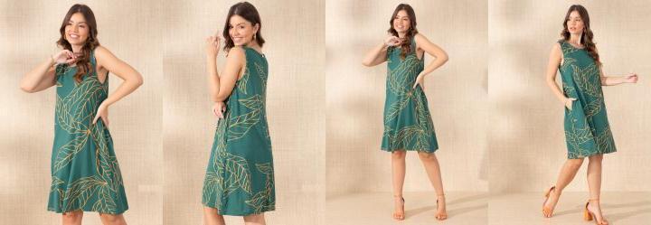 Vestido com Bolsos Folhagem Verde