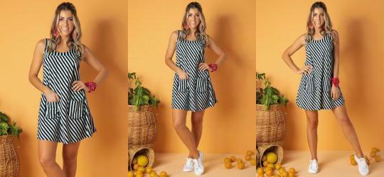 Vestido com Bolsos Listrado