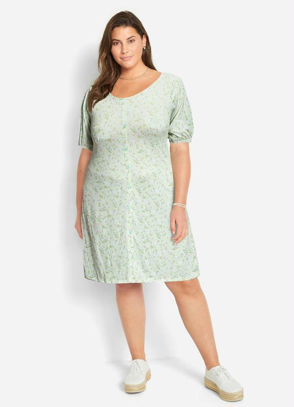 Outlet - Vestido com Botões Manga Curta Floral Verde 10