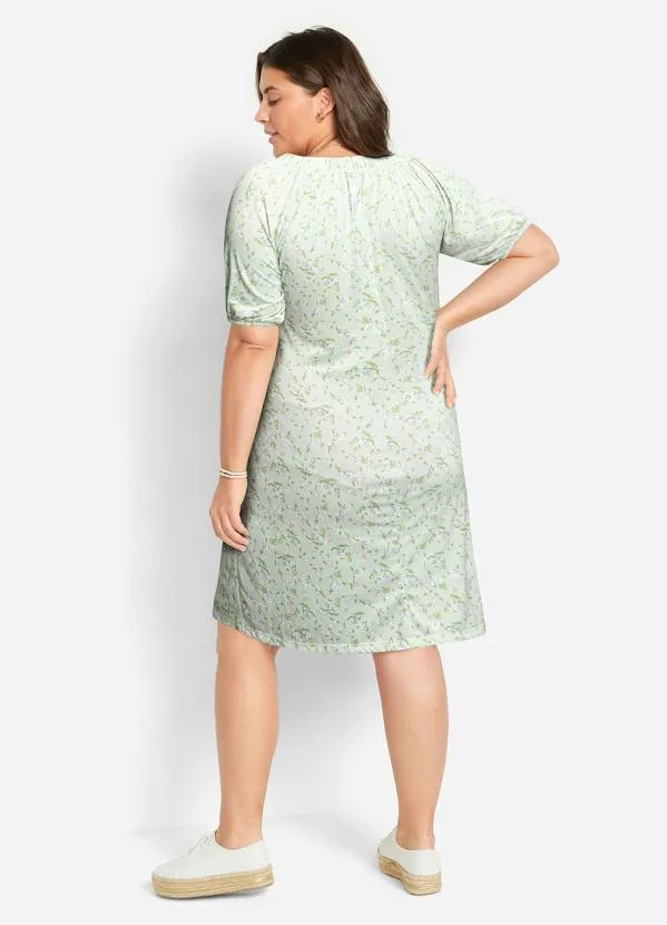 Queima Estoque - Vestido com Botões Manga Curta Floral Verde 11