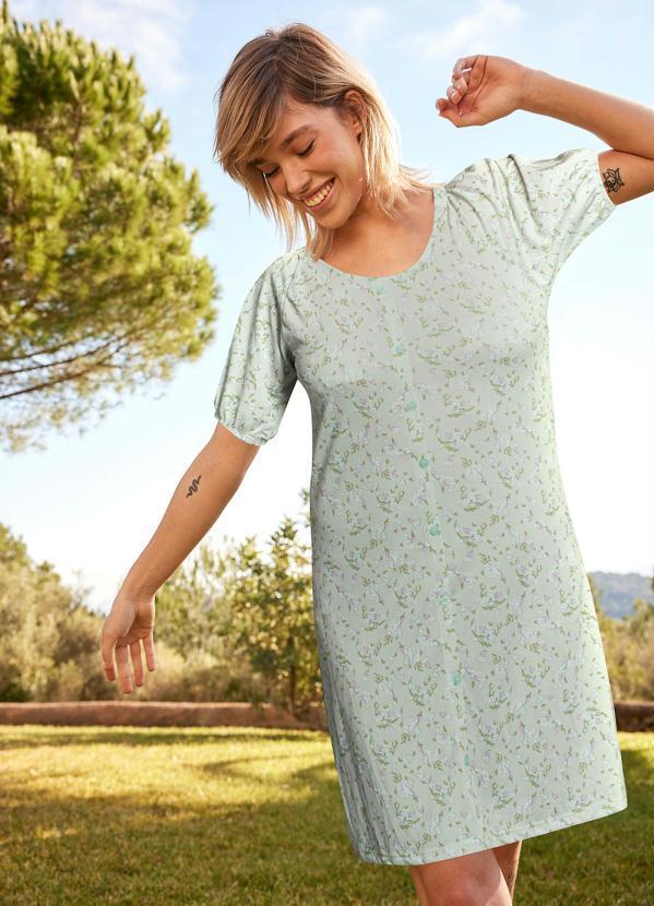 Outlet - Vestido com Botões Manga Curta Floral Verde 4