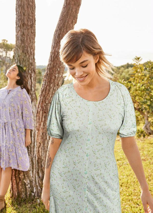 Outlet - Vestido com Botões Manga Curta Floral Verde 6