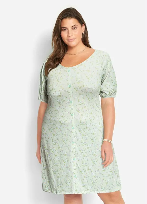 Queima Estoque - Vestido com Botões Manga Curta Floral Verde 8